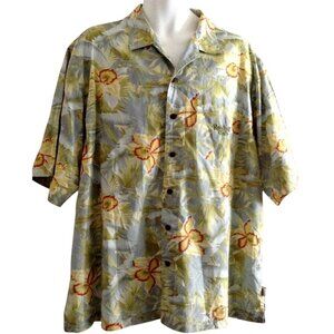 Rainforest Cafe Mens Hawaiian Shirt XL Orchids Blue Embroidered Cotton Aloha